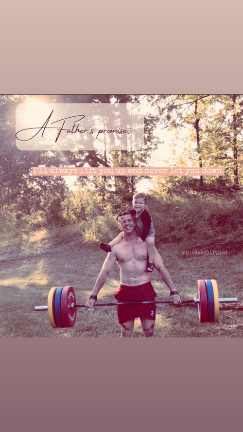 A dad deadlifting with his son on his shoulders