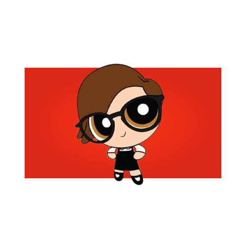 Dibujo animado al estilo las Supernenas, chica de pelo castaño corto con vestido negro y grandes ojos marrones con gafas, fondo rojo