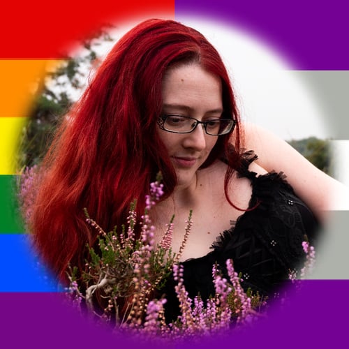 A photo of Shimaira, a white person with red hair, with the pride flag colours to the left and the grey-asexual flag colours to the right.
