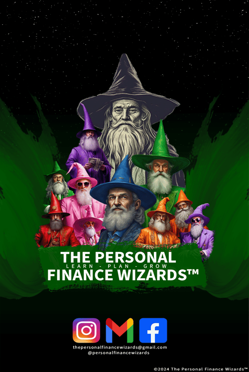 The Personal Finance Wizards logo with wizard characters, social media icons, and contact email — branding for our investing and personal finance education platform