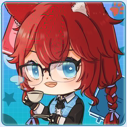 A chibi picture of Kalani Shimizu's vtube model, a red haired glasses wearing catgirl who is smiling towards the viewer with a cup of tea.