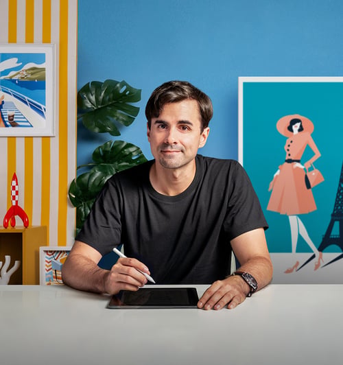 Portrait of Finnish-born illustrator Pietari Posti, founder of Studio Posti in Barcelona, known for his bold shapes and expressive style.