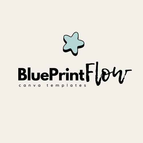 "BluePrint Flow logo featuring a minimalist design with a pastel blue star above the brand name in bold black and handwritten-style fonts. The tagline 'Canva Templates' emphasizes the brand's focus on customizable graphic design templates.
