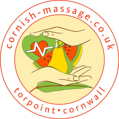 Logo with graphic design image of hands holding heart, melon, pear and a eucalyptus leaf on a pale yellow background with the wording: Cornish-Massage.co.uk Torpoint Cornwall