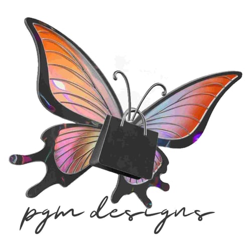 Gorgeous iridescent butterfly design in orange and purple tones with text pgm designs