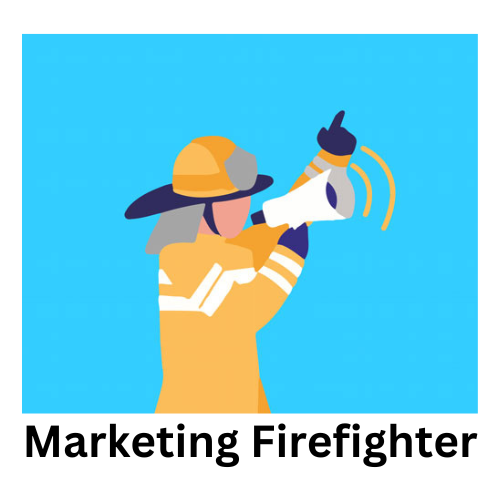 logo for the marketing firefighter. An image of a firefighter with a megaphone actively speaking into a megphone and pointing upward with the non -megaphone hand symbolizing the firefighter's role in management and leadership within the commercial kitchen space l