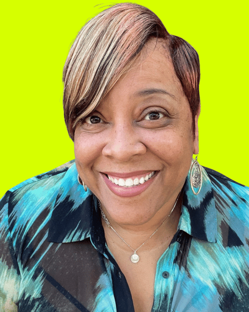 Afro Latina Green Blouse Short Hair Yellow Background