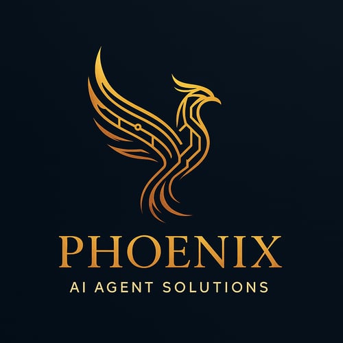A premium logo for Phoenix AI Agent Solutions, featuring a gold and orange geometric phoenix rising against a deep navy background. The phoenix is designed with circuitry-inspired lines, symbolizing innovation, artificial intelligence, and automation. Below the icon, the brand name is displayed in elegant serif typography ("PHOENIX"), with a clean sans-serif subtitle reading "AI Agent Solutions." The design evokes a luxurious, modern tech brand identity.