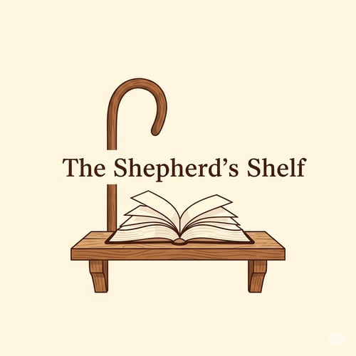 A logo for "The Shepherd's Shelf" business. It features a simple, rustic wooden shelf in warm brown tones. Resting on the shelf is an open book with white pages. Behind the shelf and slightly to the left, a shepherd's crook, also in a matching warm brown, rises upwards, with its curved top extending above the book. The business name, "The Shepherd's Shelf," is written in a clear, inviting font, also in a dark brown color, placed to the right of the crook and above the shelf and book. The overall background is a soft, light cream color, giving the logo a clean, warm, and comforting Christian aesthetic.