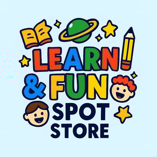 Bright and colorful Learn & Fun Spot Store logo featuring playful cartoon-style text and cheerful icons — a book, planet, pencil, and smiling kids — designed in red, blue, green, and yellow on a light blue background, representing joyful and educational learning for children, parents, and teachers.