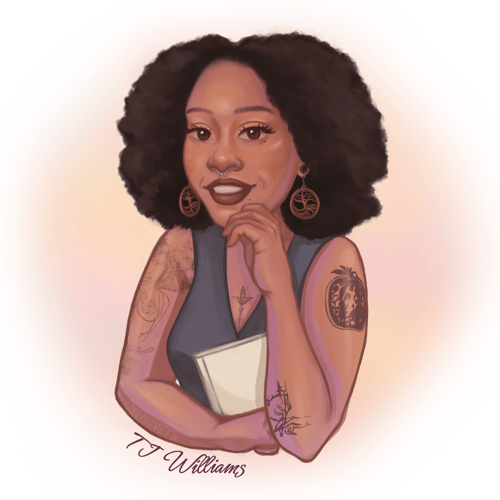 Rendered image of TJ Williams, with colourful background, holding a book