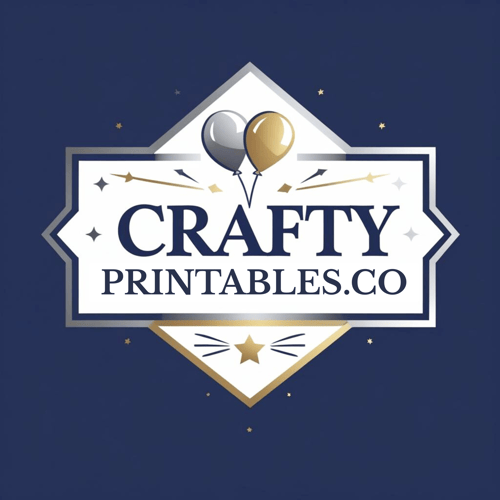 CraftyPrintable.co logo featuring gold and silver balloons above elegant typography on a navy blue background. A modern printable design brand specializing in editable birthday invitations, party favors, and digital décor templates.