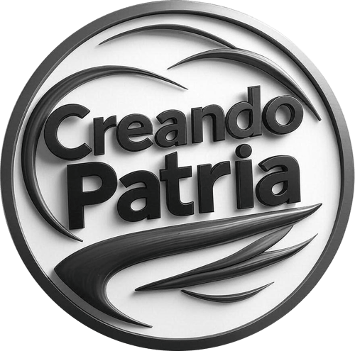 Logotipo oficial de Creando Patria, empresa musical y creativa con fuerte sentimiento patriótico. Diseño circular en tonos metálicos con el texto “Creando Patria” en relieve, representando orgullo nacional, fuerza, unidad y amor por España.