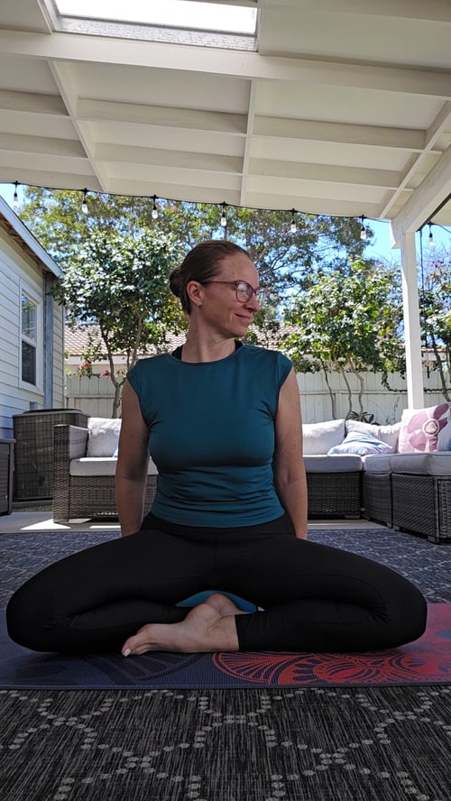 Sitting in my favorite Easy Pose Sukhasana and feeling great about my self-care routines.