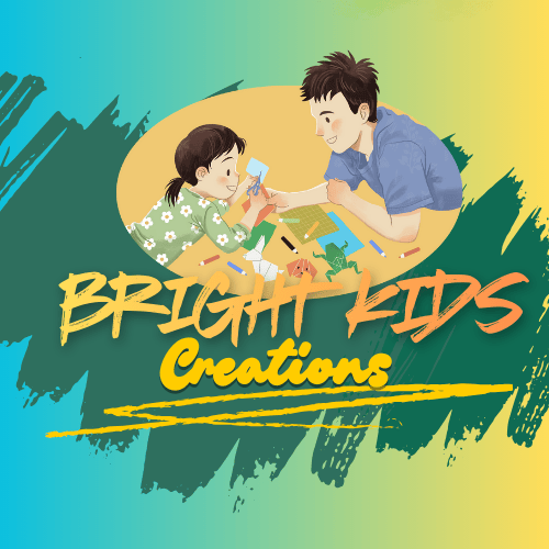 Bright Kids Creations logo featuring a parent and child illustration, representing printable kids coloring pages and educational worksheets for preschool and early learning