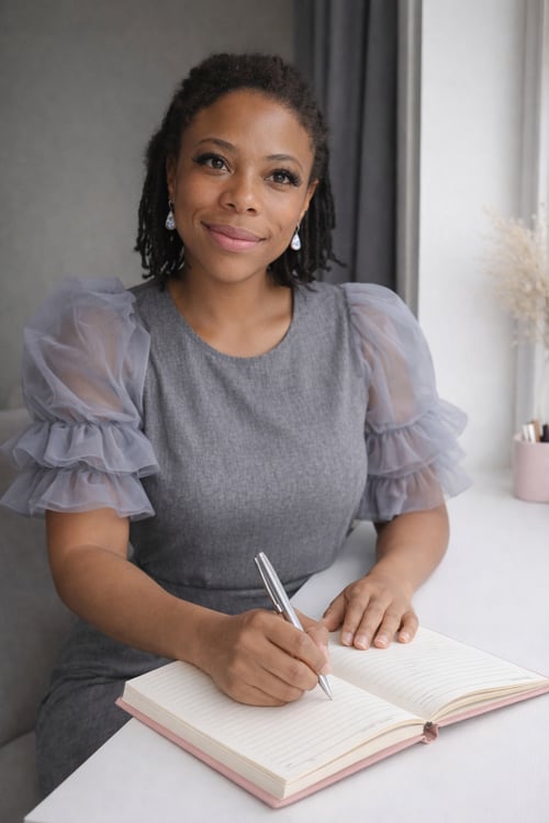 Calm, natural-light portrait of a woman seated at a white desk near a window, gently journaling in a notebook. She wears a modest grey dress with sheer puff sleeves and a peaceful expression, conveying reflection, emotional grounding, and faith-centered stillness.