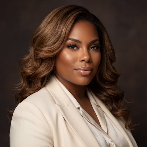 Professional studio portrait of a confident adult Black woman with warm brown skin and soft glam makeup, wearing a cream-colored blazer and blouse. She has long, styled wavy hair with caramel highlights and a polished, approachable expression. The image conveys professionalism, confidence, and modern branding, suitable for business, UGC content, digital marketing, and personal brand visuals.
