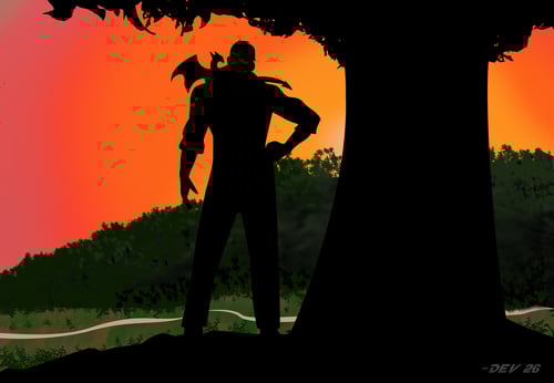 Fictional picture of the author, Devlin James. He's standing under a tree, silhouted by a setting sun and looking out across a valey to a wooded hillside. A silverey stream runs through the valley and a small dragon is perched on his shoulders.