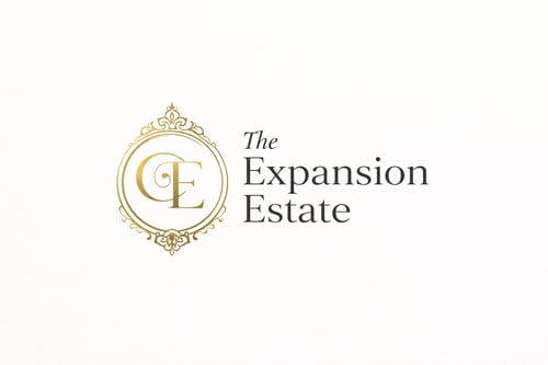 The Expansion Estate logo design featuring a refined gold CE monogram framed in an ornate circular crest. This luxury branding mark represents ownership, expansion, wealth-building, digital products, strategic growth, and legacy-driven entrepreneurship.