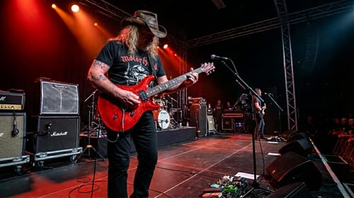 I take the stage with my guitar in hand, leaning into the mic as the lights hit my hat and denim, pouring out raw American country energy with every chord.