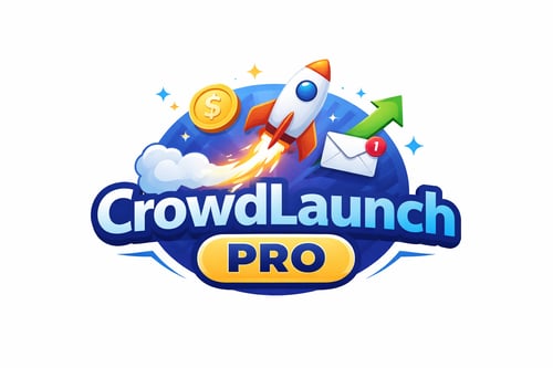 CrowdLaunch Pro logo featuring a rocket launch with a coin, email icon, and growth arrow symbolizing crowdfunding campaign marketing and email outreach tools.
