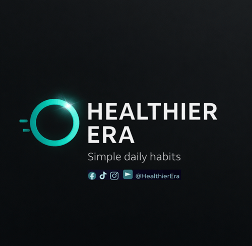 Healthier Era logo with teal circular icon and social media handles on a dark background