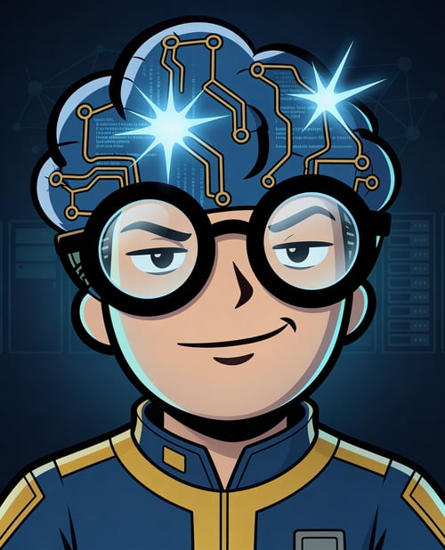 Portrait serré de GMIND-BOY, l'unité de contrôle. Visage robotique noir avec yeux ambre lumineux et détails mécaniques Teal.