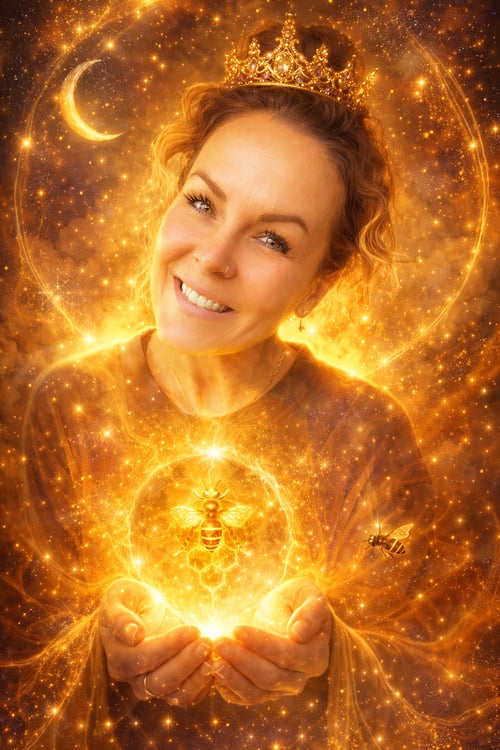 Luminary Kendall Patterson Queen Bee Kendall surrounded in golden light with the moon and queen bee orb in her palm and crown on her head, a curly haired stunning face and magical visual