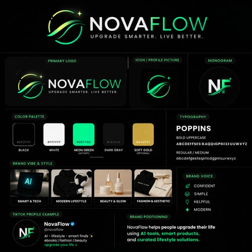 NovaFlow logo featuring a sleek circular emblem with a flowing wave and star accent, designed in a neon green gradient on a dark background. The wordmark “NOVAFLOW” appears in bold, modern uppercase typography with “NOVA” in white and “FLOW” in neon green. Beneath it, the tagline “UPGRADE SMARTER. LIVE BETTER.” is displayed in a clean, minimal sans-serif font. The overall design uses a futuristic aesthetic with a black, white, and neon green color palette, representing an AI-driven digital brand focused on technology, growth, lifestyle improvement, and modern online entrepreneurship. The composition is professional, minimal, and highly recognizable, with multiple logo variations including primary logo, icon, and monogram.