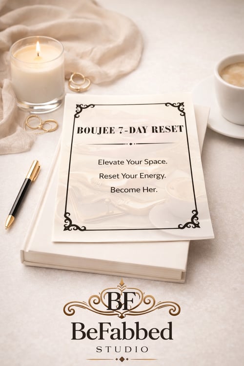 A feminine lifestyle mockup featuring a printable self-care planner styled in a soft neutral workspace with gold accents, candlelight, and coffee. This Boujee 7-Day Reset digital planner represents luxury self-care, home reset routines, and intentional living. Perfect for women seeking aesthetic planners, printable journals, and tools to elevate their space, mindset, and daily habits.