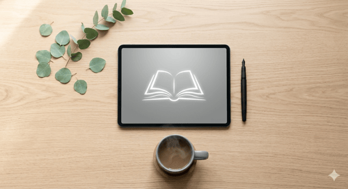 Minimalist digital workspace for Modern Pages Studio featuring a tablet with an open book icon, a fountain pen, and a coffee mug on a clean oak desk.