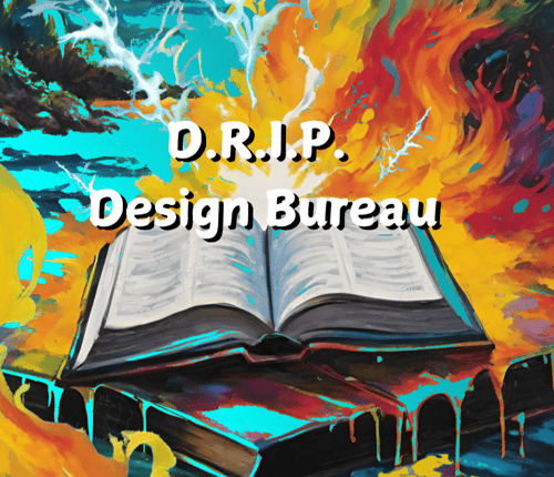 D.R.I.P. Design Bureau logo featuring an open book engulfed in fire and lightning against a vibrant painted background, representing Caribbean folklore-inspired creative design from Trinidad and Tobago.