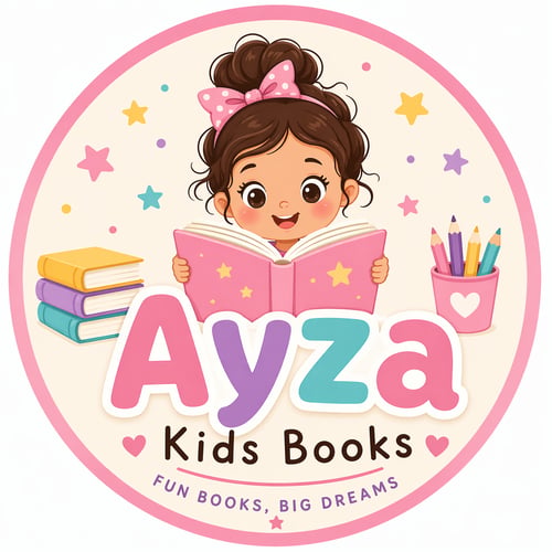 Cute colorful logo of Ayza Kids Books featuring a smiling girl reading a book with stars, pencils, and books, representing fun educational children’s storybooks and learning activities