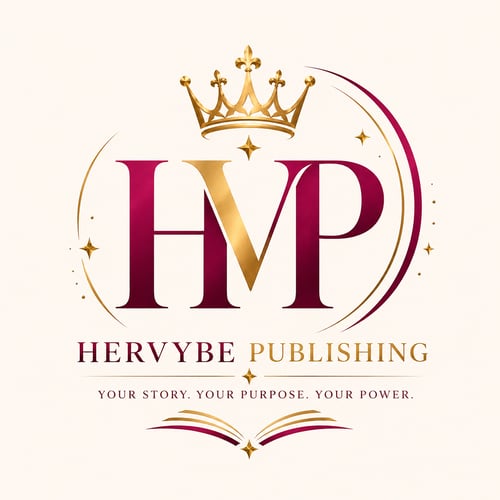 HERVYBE Publishing logo in wine and gold, women empowerment self-publishing brand helping women turn their stories into books, brands, and new beginnings.