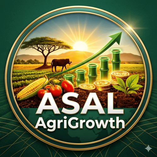The ASAL AgriGrowth official logo represents sustainable agricultural development and resilience in arid climates. Combining professional typography with symbols of growth, the design reflects a commitment to empowering farmers and food security. This brand mark signifies innovation, prosperity, and the thriving future of agricultural progress in challenging environments.