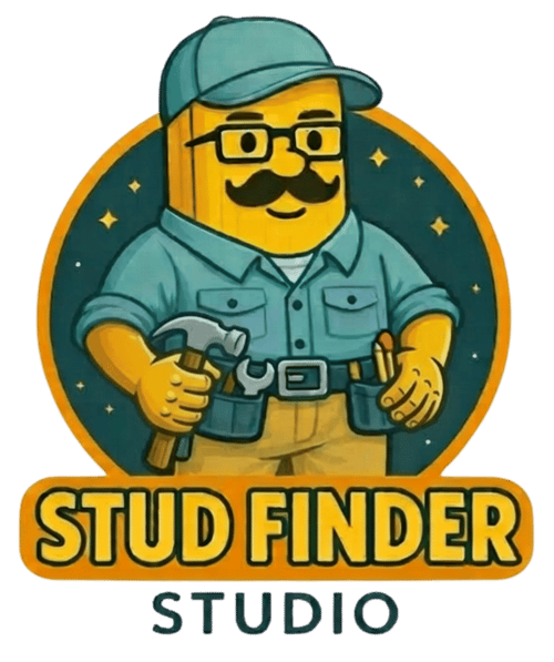 Stud Finder Studio logo featuring a cartoon handyman mascot with tools, focused on DIY home improvement, wall mounting, floating shelves, drywall anchors, and practical homeowner repair guides.