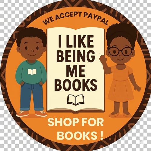 Local for I-Like-Being-Me Books-logo-paypal.png featuring two culturally diverse, illustrated children standing beside an open book. Circular orange design with an Afro-Centric – patterned border, including Text that says we accept PayPal and Shop for Books.