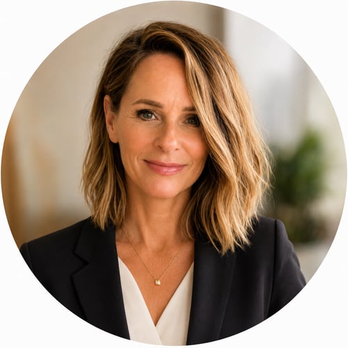 Portrait of Mandie Williams, founder of Fully Booked Method, smiling with a professional yet approachable look, representing expertise in hair, beauty, business development, and social media marketing for freelance beauty professionals.