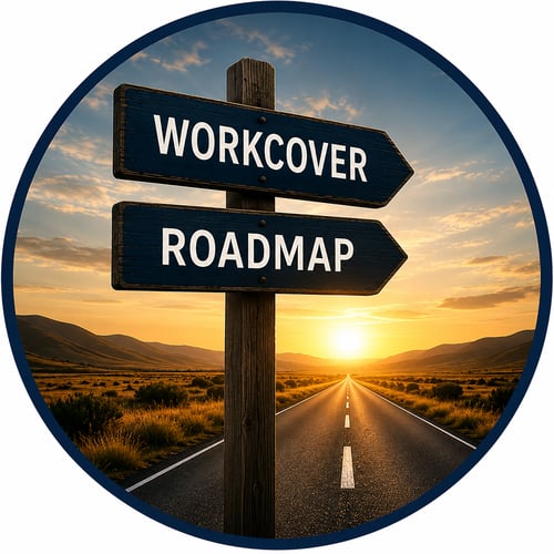 The WorkCover VIC Roadmap logo featuring a road leading toward the horizon with a WorkCover Roadmap signpost. A resource designed to help Victorian workers better understand the WorkCover process, including weekly payments, IMEs, impairment benefits, serious injury applications, common law claims, and settlement.