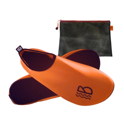 Orange water shoes with a net storage bag