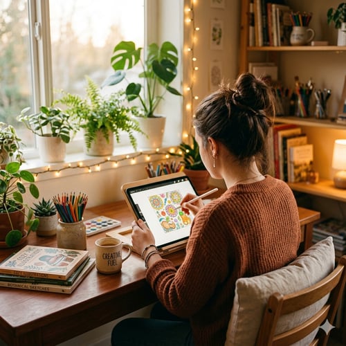 Young digital creator sitting at a cozy desk drawing on a tablet surrounded by plants, fairy lights, and a warm cup of tea