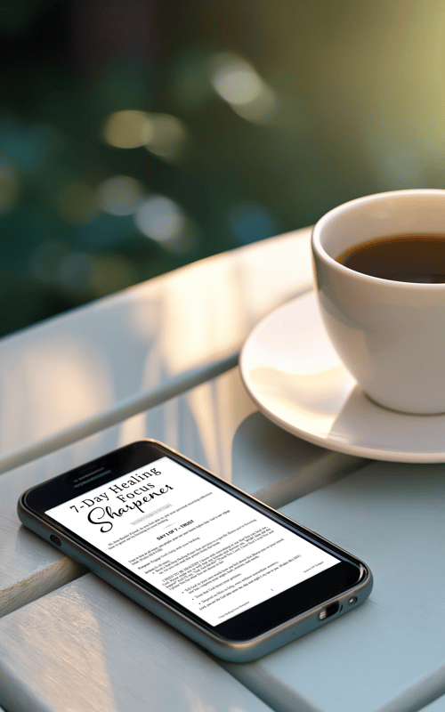 cup of coffee on outdoor table with mobile phone text screen
