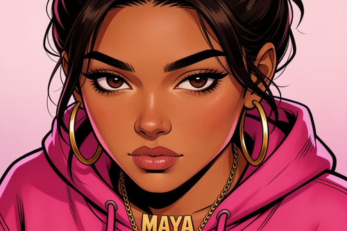 Maya, illustrated character from The Talk, wearing a pink hoodie and gold hoops