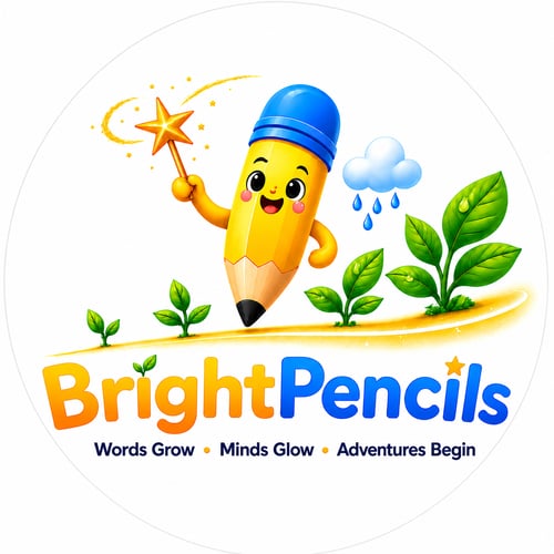 BrightPencils logo featuring Surya the Sun Bear mascot with the tagline "Words Grow • Minds Glow • Adventures Begin", representing educational books, printable activities and learning resources for children aged 5–11.