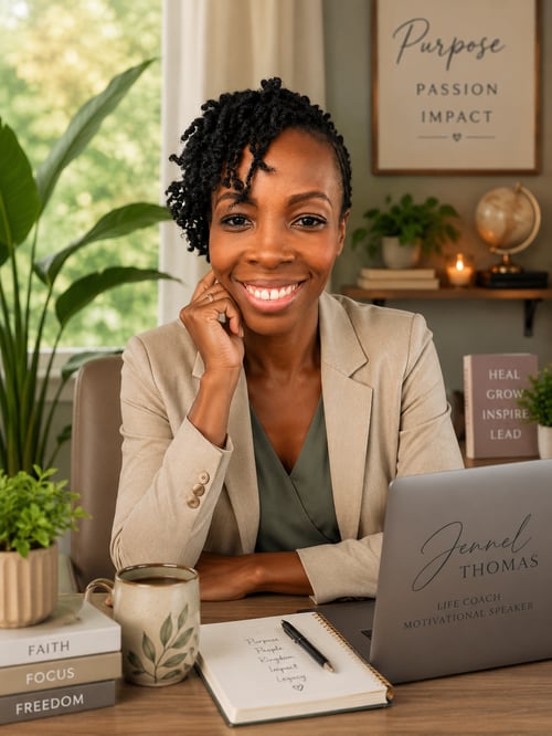 Jennel Thomas Professional portrait of Christian Author, singer-songwriter, speaker, and educator sharing messages of hope, healing, faith & purpose