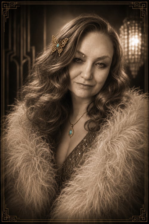Vintage Hollywood-inspired portrait of Lydia Proschinger, founder of Soul Fibers – The Art of Sophrosyne Living. A glamorous Art Deco aesthetic celebrating creativity, lace knitting, craftsmanship, elegance, and the Art of Sophrosyne Living.