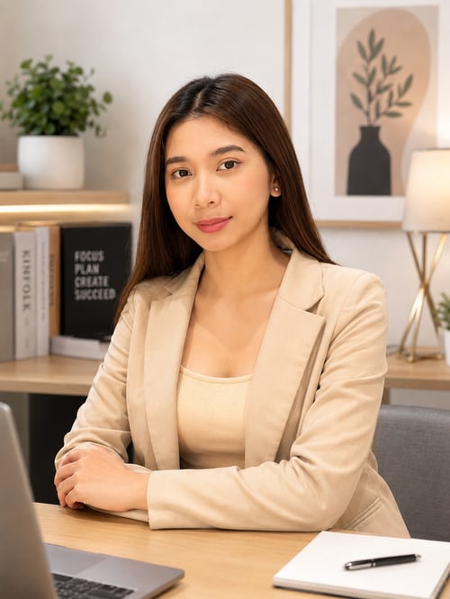 Professional portrait of Kim CEO of Kim Happy Studio creator seated at a desk in a warm, modern workspace, wearing a beige blazer and smiling confidently at the camera.