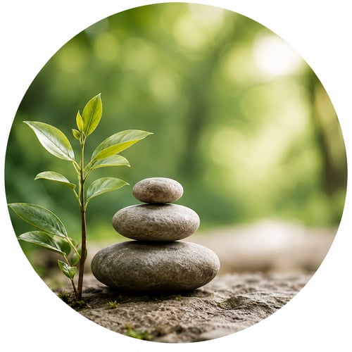 Stacked wellness stones beside a green plant representing balance, mindfulness, and holistic well-being.