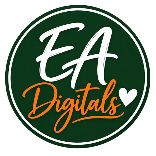 EA Digitals logo with white and orange script on a dark green circle, representing a brand offering digital planners, Canva templates, and printables.