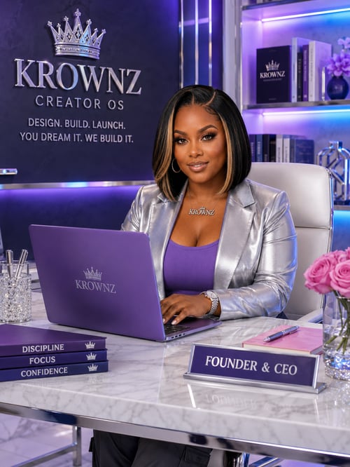 KROWNZ Digital Empire founder and Black female digital entrepreneur working from a luxury branded office.